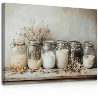 Dazzlewall Gerahmte Bauernhaus Küche Wandkunst, Rustikale Vintage Einmachglas Gewürzbild, Stillleben Kochkunst Malerei für Küche Esszimmer Dekor 12x16 zoll