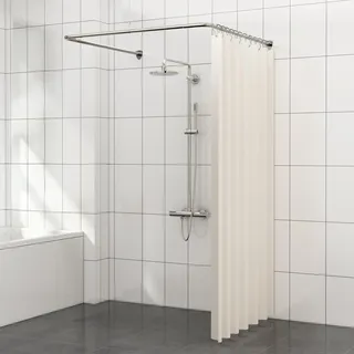 Duschvorhangstange U Form, Duschstange Ecke mit 12 Vorhangringen & Deckenstütze für Badewanne/Badezimmer, Bohr-Montage Erforderlich [Both Sides: 60cm - 132cm, Mitte: 78cm - 118cm] (Silber)