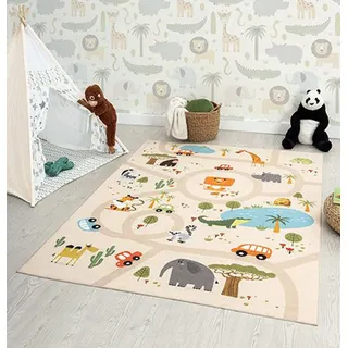 The CarPET Happy Life Kinderzimmer, Kinderteppich, Spielteppich, Straßenteppich, Straße, Dschungel, Tiere, Auto, Beige, 140 x 200 cm