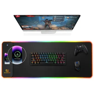 Gimars Upgrade Gaming Mauspad RGB, 15W Kabelloser Schnellladung, 800x300x5mm, Mousepad XXL mit 10 Farben LED-Licht, Groß LED Mouse Pad Gaming Zubehör mit Glatter Oberfläche, Rutschfester Gummifuß