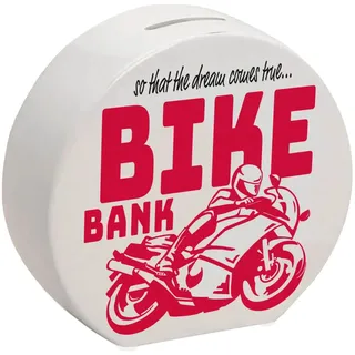 Bike Bank Spardose in rot zum Thema Motorradkauf und Motorrad Fahren schöne Sparbüchse Geschenk für Sparfüchse die Träume eines Bikers mögen oder Sich ihren eigenen Traum erfüllen