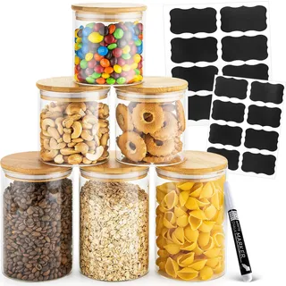 Mehrweg-Vorratsgläser mit Bambus-Deckel - 6er Set - Luftdicht, für Spülmaschine, Mikrowelle - Zur Aufbewahrung, als Keksglas, Dekoration, etc. - 16/11cm Höhe, 10 cm Ø