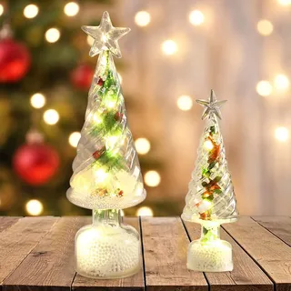 Mini Weihnachtsbaum mit Beleuchtung, 2 Stück LED Künstlicher Weihnachtsbaum Klein, Acryl Mini Tannenbaum, 23.5/14.5cm Kleine Weihnachtsbäume, Kleiner Tannenbaum Kristall Tischdeko Weihnachten Deko(A)