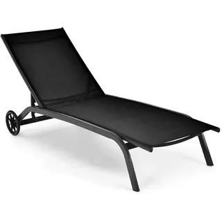 Generisch Relaxliege mit Rollen, Gartenliege mit Verstellbarer Rückenlehne und schnell trocknendem Stoff, Sonnenliege bis 150kg belastbar, Liegestuhl für Garten, Balkon, Terrasse (Schwarz)