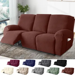 BOYIFEIJIE 3-Sitzer Sessel Überzug, Sesselbezuge Stretch mit Taschen, All-Inclusive Streifen-Jacquard Sesselschoner für Fernsehsessel Relaxsessel Sesselhusse (Dunkelbraun, 8-Teilig)