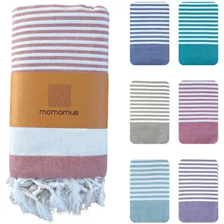 MOMOMUS Fouta XXL oder Dünne Picknickdecke Groß für Strand - Mit Fransen, Gestreift, ohne Sand - Stranddecke XXL, Strandmatte Sandfrei und Picnic Blanket - Lachs, 210x240 cm