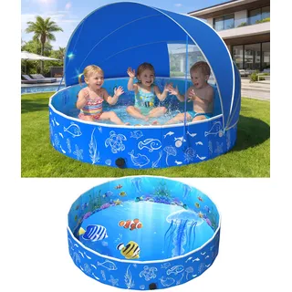 Luxfero Planschbecken mit Schatten, Faltbarer Kinder Planschbecken mit Dach, Pop-Up Planschbecken Baby für Sommer, Schnelle Installation Schwimmbecken, Kinderpool für Garten Strand, 130 x 130 x 30 cm