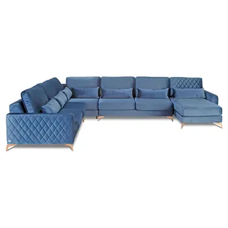 Samt Stoff Sitz Garnitur Designer Wohnlandschaft Ecksofa Sofa Couch Sofa U Form - Blau