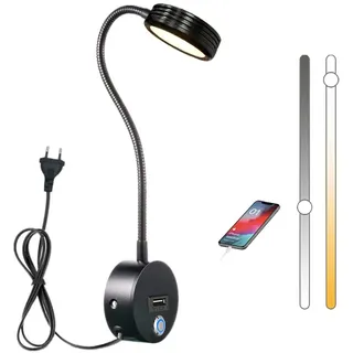LYTLM Leselampe Wandmontage, LED Wand Bettlampe Schlafzimmer Wandlampe Mit Schalter Touch, Bett Leselicht Kinder Innen Wandleuchte Mit USB-Ladeanschluss, Dimmbar Schwanenhals Lampe Mit Stecker 5W
