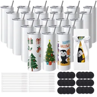 - 24er-Pack Sublimationsbecher, 20 oz, Blanko-Becher - Edelstahl-Doppelwandbecher - mit Strohhalm, Deckel, Bürste, Boden - Schrumpffolie - Geschenkbox - für Wärmepresse & Wärmeübertragung - Blau