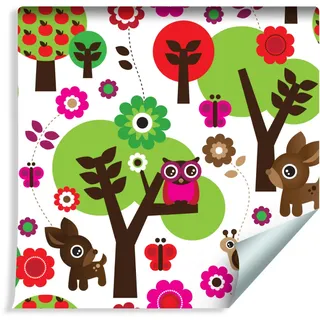 10m VLIES TAPETE Rolle Kinderzimmer Waldtiere Blumen Bäume XXL - Rot, Grün, Schwarz, Weiß, Rosa, Braun