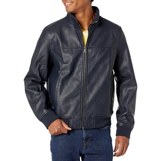 Tommy Hilfiger Men's Faux Leather Jacket光滑小羊 未填充飞行员夹克인조 가죽 봄버 재킷人造皮革飛行夾克جاكيت بومبر من الجلد الصناعيז'קט Bomber דמוי עורbomberjacke Aus Kunstleder Windbreaker, Navy, S