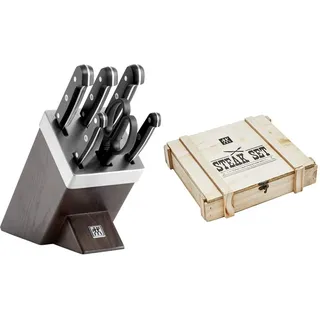 ZWILLING Selbstschärfender Messerblock, 7-tlg, Holzblock, Gourmet & 07150-359-0 Steak Besteckset in rustikaler Holzbox, Edelstahl, 12-teilig