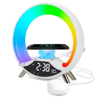 Cuteefun Tageslichtwecker mit 15W Drahtloser Ladestation, Sonnenaufgang Wecker mit Bluetooth Lautsprecher, Radiowecker, Dual Alarme, Lichtwecker mit üBer 10 Einstellbaren Lichtern, Weiß