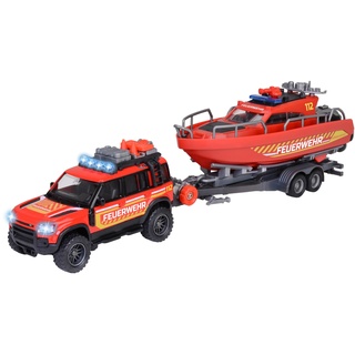 MAJORETTE - Feuerwehrauto mit Boot (33,5 cm) - Land Rover Spielzeugauto aus Metall mit Anhänger und schwimmfähigem Speedboot zum Aufziehen, mit Licht & Sound, Spielzeug für Kinder ab 3 Jahre