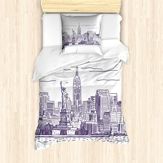 ABAKUHAUS New York Mantele, Flüchtiges NYC Insel, Milbensicher Allergiker geeignet mit Kissenbezügen, 135 cm x 200 cm - 80 x 80 cm, lila Weiß - Violett