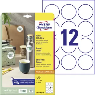 Avery Zweckform Runde Etiketten L7104REV-25 Weiß Ø 60 mm 25 Blatt 300 St.