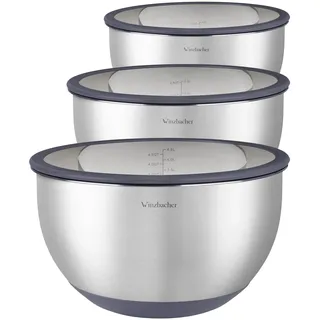 Winzbacher Edelstahl Schüssel mit GLAS-Deckel [3er Set] 1l + 2.5l + 4.5l | Rührschüssel, Salatschüssel, Schüsselset, | rutschfest | stapelbar | Spülmaschinenfest