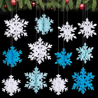 Becellen 12 Stücke 3D Schneeflocken Deko Weihnachten, Christbaumschmuck Blau Papier Schneeflocke Weiß Hängende Dekorationen für Weihnachtsbaum