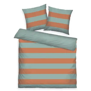 TOM TAILOR Renforcé-Bettwäsche, 2*80x80 cm + 200x220 cm, 100% Baumwolle/Renforcé, mit Wendemotiv und farbigem Markenreißverschluss, BOLD STRIPES Orange, Türkis (Warm Coral & Fresh Sage)