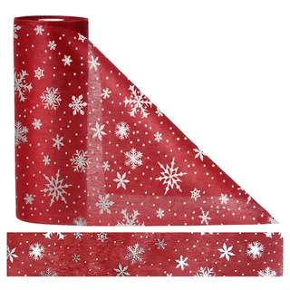 Anstore Vlies Tischläufer Bordeaux Rot 30m Lang 23cm Breite Tischband Rot Mit Silberne Schneeflocken, Tischdekoration Stoffbahnen für Hochzeiten, Geburtstage, Taufen, Weihnachten, Besonderen Anlässen