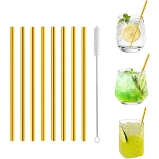 Kurze Strohhalme Edelstahl wiederverwendbar Metall Strohhalm Cocktail Kleine Mini Kurz Trinkhalme für Cocktails Party Zubehör Straws mit Bürste, Gold 8 Stück