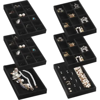Frebeauty Schmuck Organizer Tablett, stapelbare Samt Schmuck Tabletts, Schublade Einsätze Ohrring Organizer für Frauen Mädchen Schmuck Lagerung Vitrine für Ringe Stud Halsketten, Set 6(Schwarz)