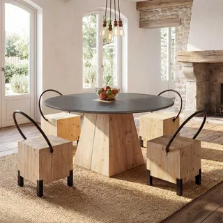 4er-Set Esszimmerstuhl HWC-L76, Besucherstuhl Hocker, Industrial Metall Massiv-Holz MVG-, natur - Braun