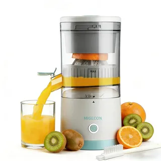 MIGECON Elektrische Zitruspresse, Tragbares Entsafter, Ladegerät Orangenpresse, mit USB und Reinigungsbürste, Anti-Tropf-Auslauf, Einfache Reinigung, Geeignet für Citrusfrüchte, 45 Watt, Weiß
