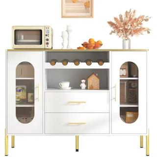 Flieks Sideboard Weiß Glasfronten Weinregal Stauraum Verstellbarer Fuß , Holzwerkstoff , 38x90x120 cm , Kleinmöbel, Kommoden, Sideboards
