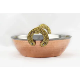 HostelNovo Indische Essensschale mit Griffen, Karahi-Schale, gehämmerte Edelstahl-Kupfer-Hufeisengriffe, indisches Geschirr, 15 x 5,5 cm