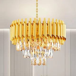 AHXIAOZN Modern Kronleuchter Kristall Leuchte,3 Ebenen Regentropfen Kristall Kronleuchter Leuchte 5xE14 Lichter,Kristall Deckenleuchte gold für Esszimmer, Küche, Wohnzimmer, Schlafzimmer
