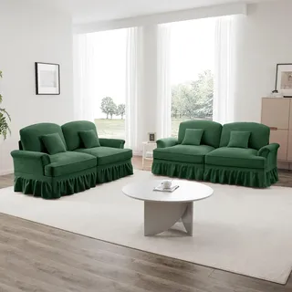 Sweiko Elegantes Mid-Century L-förmiges 2-Sitzer Sofa aus Chenille mit Trichter-Armlehnen, abnehmbarer Rüschenschürze, spindelförmigen Beinen & beweglichem Hocker,Grün
