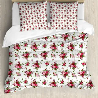 ABAKUHAUS Blumen Bettbezug, Brautsträuße Rosen, Milbensicher Allergiker geeignet mit Kissenbezügen, 155 cm x 220 cm - 80 x 80 cm, Rosa Ruby-Grün - Rosa