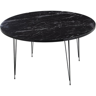 DRW Runder Couchtisch aus Holz und Metall in Schwarz mit Marmor-Effekt, 89 x 45 cm, Dicke 1,8 cm, 89x45cm, grosor 1,8cm