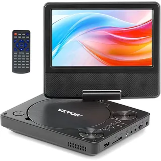 Vevor tragbarer DVD-Player mit drehbarem HD-Bildschirm (178 mm), eingebauter Akku mit 4 Std. Laufzeit, 2 Lautsprecher, unterstützt Synchronisierung von TV/USB/SD-Karte/CD/DVD, Autoladegerät schwarz