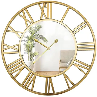 QHENS Wanduhr Groß Ohne Tickgeräusche, 50CM Wanduhr Gold Vintage, Wanduhren Lautlos 15dB für Wohnzimmer, Mit Acryl-Spiegel & Römischen Zahlen, Klar Ablesbar