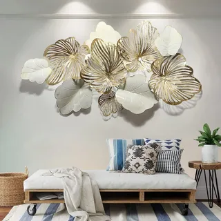 Myrtebl 3D Wanddeko Metall,Kreative Handgemachte Blätter Wanddekoration Aus Metall,Goldene Blume Blühen Für Wohnzimmer Hotel Hintergrund Wandverzierungen...