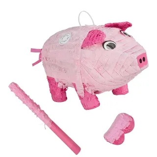 Relaxdays Pinata Set Schwein mit Stab und Maske Pink,Rosa