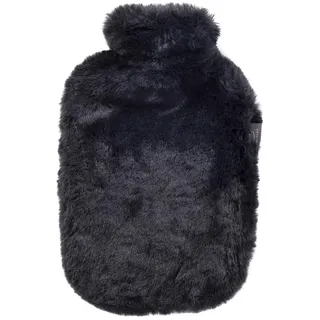 Fashy Wärmflasche mit super softem Bezug aus hochwertigem Fellimitat, schwarz, 2,0L