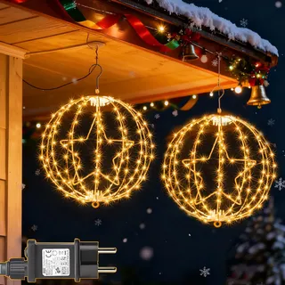 Yowin 2 Stück Weihnachtsbeleuchtung Außen 30CM 200 LED Leuchtkugel Weihnachten mit Stecker, Timer, Hängen Beleuchtete Weihnachtskugeln 8 Modi wasserdichte Lichterkugel für Innen Deko - Brauner Rahmen