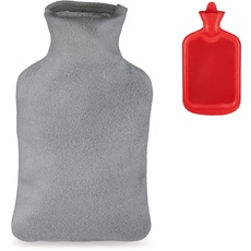 Bild Wärmflasche mit Bezug, Flauschige Kuschelwärmeflasche, 1,5l Bettflasche, geruchsneutraler Naturgummi, grau/rot, 1 Stück