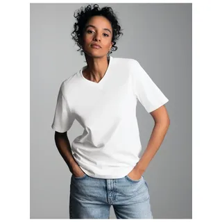 T-Shirt TRIGEMA "TRIGEMA V-Shirt DELUXE Baumwolle", Damen, Gr. L, weiß, Single Jersey, 100% Baumwolle, Basic, lang, V-Ausschnitt, Shirts T-Shirt