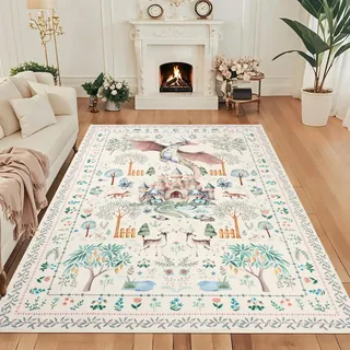 TUKDAK Drache Teppich Wohnzimmer rutschfest 160x230cm, Beige Waschbarer Teppich Schlafzimmer, Boho Tier Kurzflor Bettvorleger Teppiche Gegend, Fantasy Wald Teppichen für Kinderzimmer Büro Esszimmer