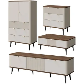 Feldmann-Wohnen Wohnzimmer-Set Marly 4-tlg Kaschmir / Walnuss , Beige, Braun , Holzwerkstoff , 1 Fächer , 6 Schubladen , 440x163x60 cm , Wohnzimmer, Wohnwände