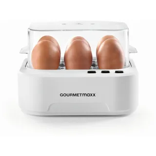 GOURMETmaxx Sprechender Eierkocher für 6 Eier | Design Egg Cooker mit Eierstecher, Messbecher & Sprachausgabe | 3 Härtegrade für perfekt gekochte Eier | Leichte Reinigung & einfache Handhabung