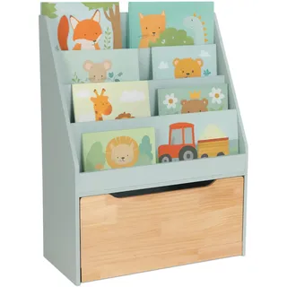 Relaxdays Bücherregal Kinder, HxBxT: 80x60x30 cm, 4 Bücherfächer, Spielzeugkiste mit Rollen, Kinderregal, türkis/Natur