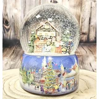 Schneekugel Weihnachten Spieluhr | Mega Schneekugel Nostalgischer Weihnachtsmarkt | mit Musik Winter Wonderland | H:20 cm B: 15 cm | Schüttelkugel | 20065