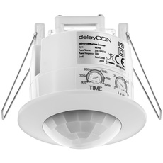 deleyCON 1x Infrarot Bewegungsmelder Unterputz Deckenmontage Innenbereich Lichtsteuerung 360° Arbeitsfeld 6m Reichweite eingebauter Lichtsensor Weiß