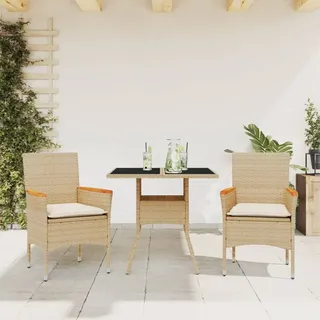vidaXL 3-tlg. Garten-Essgruppe mit Kissen Beige Poly Rattan und Glas